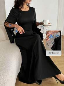 Al Najma Women's Autumn Black Long Sleeve Butterfly Lace Waist A-Line Elegant Arabic Dress - Black - View 6