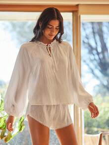 Lullawish Women's Solid Color Ruffle Trim Tie Neck Lantern Sleeve Top And Shorts Pajama Set - Beige - View 1