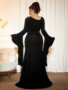 Cravure 大码女士奢华派对舞会礼服式针织长袖黑色长裙，饰有金色亮片和刺绣装饰 - 黑色 - 查看 6