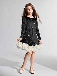 Maija Kids Tween Girl Knit Color Block Rhinestone Decor Round Neck Long Sleeve Casual Elegant Dress - Black - View 4