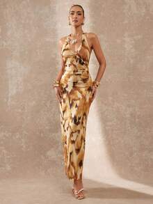 Lumalex 女士动物纹印花多色棕色咖啡金属装饰露背沙滩罩衫连衣裙 - 彩色 - 查看 8