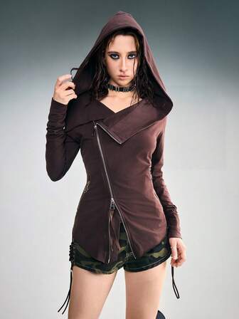 Grunge Punk Sudadera con capucha de frente abierto asimétrico para mujer, diseño desgastado