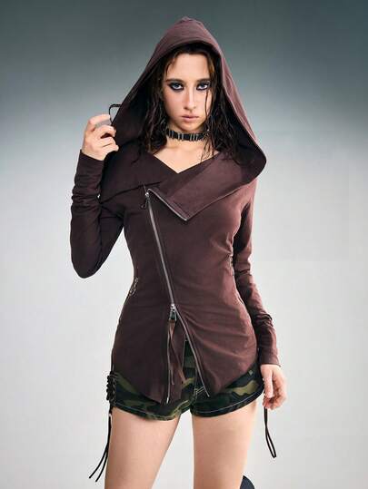 Grunge Punk Sweat-shirt à capuche asymétrique et ouvert pour femmes, design délavé