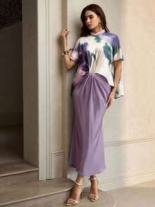 ZEYLAH Women's Fashionable & Elegant Tie-Dye Print Dress - Purple - View 7