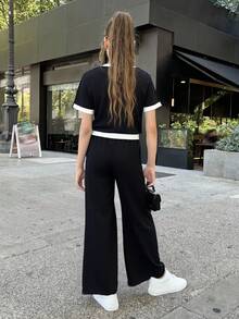 SHEIN 少女休闲正式优雅蝴蝶结装饰黑白撞色珍珠纽扣上衣搭配直筒撞色裤 - 黑色 - 查看 2