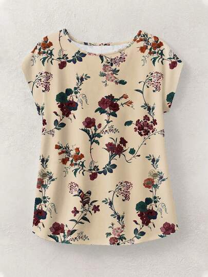 Women's Casual Simple Round Neck Floral Print Blouse Top, Suitable For Summer Suitable For Going Out Chic Blouses For Women,Casual