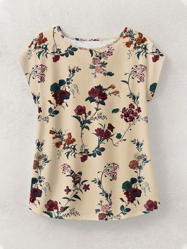 Women's Casual Simple Round Neck Floral Print Blouse Top, Suitable For Summer Suitable For Going Out Chic Blouses For Women,Casual