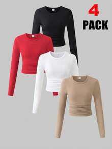 SHEIN 4 Stücke/Set Mädchen Rundhals Langarm Strick Figurbetontes Kurz Tops, vielseitige lässige Layering T-Shirts für Frühling & Herbst - Verschiedenfarbig - Übersicht 1