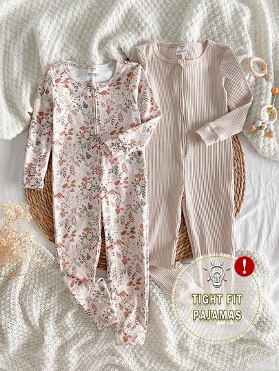 Girls' Ditsy Floral Zip-Up Jumpsuit, Soft & Comfortable Ribbed Fabric, Elegant, Suitable For Spring, Autumn & Winter Tight Fit Pajamas Toddler Pajamas Sleepwear Sets Snug Fit