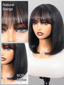 Yaki Straight Glueless Bob Wig Human Hair With Bangs 4x4 Transparent Lace Short Ready To Wear Bob Wigs Natural Looking 180% Density Black Color - Natural Black - View 11