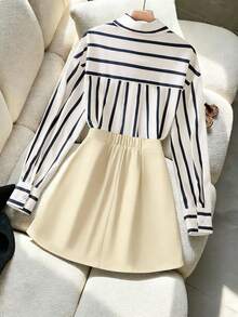 GlowEve Striped Shirt & Asymmetric Pleated Skorts, Elegant 2-Piece Set For Women - Khaki - View 2