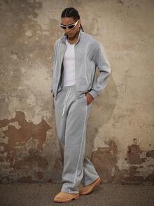 PAVTROS 男士卫衣套装，男士宽松款，最佳，男友风，夏季，度假，Y2K，复古，朋友风，立领拉链开衫，带反光条纹和运动线条，搭配阔腿裤。 - 淺灰色 - 查看 3