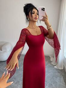 SHEIN Elenzya Váy dài tay loe ren thắt eo cho nữ, thanh lịch khi đi làm hàng ngày, thời trang, ngày lễ, phong cách đường phố Pháp, đa năng, thích hợp cho ngày lễ tình nhân, hẹn hò, tiệc tùng, năm mới, màu đỏ tía, đầu xuân/thu đông, váy dài tay mới về - Đỏ - Xem 7