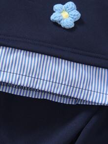 Elladie kids 2pcs/Set Girls Korean Style Loose Floral Gray Sweatshirt With Bow Decor, Looks Like Two Pieces