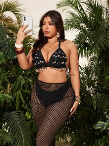 Conjunto de traje de baño con parte superior de halter con decoración de lentejuelas y Bottom calada para tallas grandes - Negro - Ver 5