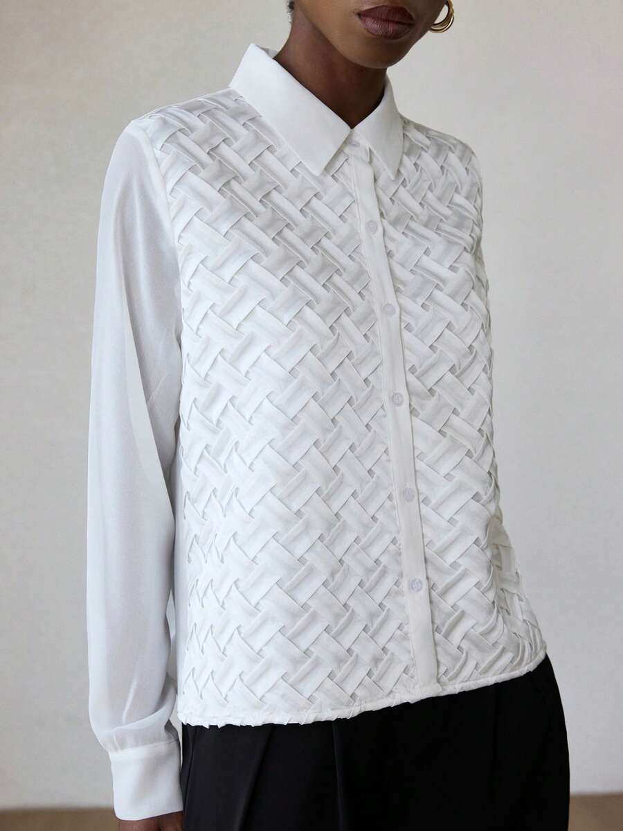 Aveloria Modichic 秋季复古钩针拼接雪纺性感露背喇叭袖长袖衬衫 - 白色 - 查看 1