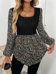 Easowa Áo nữ tay dài phối họa tiết hoa, kiểu dáng thường ngày, chất liệu gân nổi, màu đen, họa tiết hoa, kiểu peplum, tay phồng, thanh lịch, phong cách thường ngày. - màu đen - Xem 6