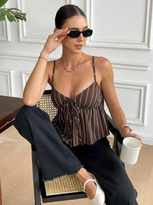 Serisse Women's Spaghetti Strap Tie-Up Sweetheart Collar Striped Fashionable Ruffle Hem Camisole Summer Casual Brown - Coffee Brown - View 6