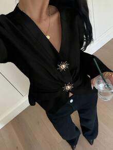 Siren Gaze 女士优雅简约金属纽扣装饰长袖褶皱修身衬衫 春季休闲黑色居家办公衬衫 - 黑色 - 查看 6