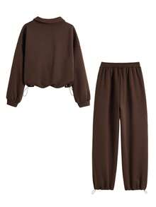 INAWLY 女士休闲宽松半拉链领卫衣和抽绳直筒裤两件套 - 棕色 - 查看 2