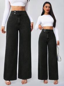 SHEIN Tall 女士高腰休闲宽松阔腿牛仔裤蓝色直筒裤高个女式牛仔裤 - 黑色 - 查看 9