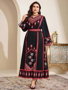 Al Najma 大码女式印花V领长袖优雅阿拉伯风长裙 - 黑色 - 查看 4