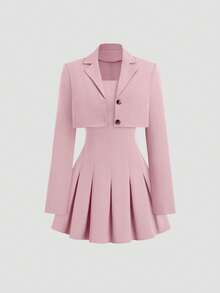 Sweetra Women's Retro British Style Halter Pleated Dress And Jacket Casual Suit, Slimming, Suitable For Early Autumn - Pink - View 7