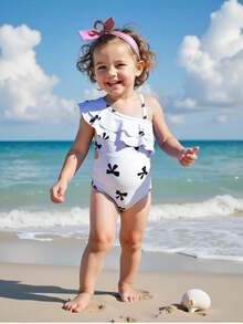 1 pieza Traje de baño cómodo con un solo hombro, volantes y lazo negro decorativo para niñas bebés, adecuado para playa, piscina, , surf, vacaciones y viajes de verano - Blanco y Negro - Ver 3