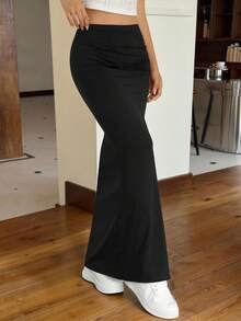 SHEIN EZwear 夏季穿搭纯色开衩大腿褶皱细节中长裙