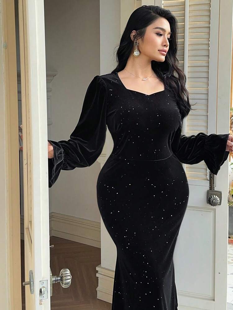 Dazy Plus Valentine Plus Size Women Velvet Glitter Square Collar Elastic Fitted Flare Sleeve Dress, Suitable For Banquet, Date, Party In Autumn/Winter Dress