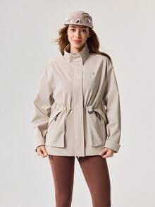 Women Outdoor Jacket Solid Color Hiking Camping Drawstring Waist Hooded Outdoor Top Spring - Khaki - View 7