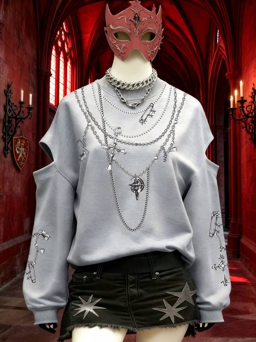 Glimmora Women's Cross Chain Print Hollow Out Long Sleeve Casual Loose Crew Neck Sweatshirt - Light Grey - View 1