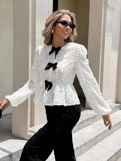 Serisse 女士撞色圆领灯笼袖收腰蝴蝶结荷叶边衬衫