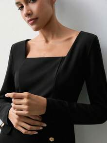 Maija Váy ngắn cổ vuông tay raglan màu trơn thắt eo thời trang tối giản đa năng cho nữ - màu đen - Xem 4