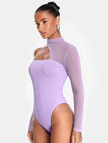 SHEIN BAE Black Mesh Patchwork Asymmetric Bandeau Bodysuits Women Jumpsuits & Rompers, Concert Outfits, Festival Tops - Mauve Purple - View 5