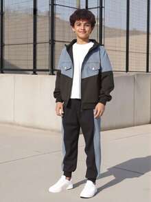 SHEIN 2件套青少年男孩（13-16岁）时尚水洗牛仔连帽拉链外套和松紧腰牛仔裤，秋冬季