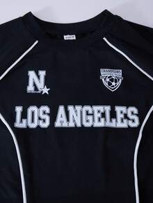 SHEIN ChillGRL Bộ 2 áo phông và quần dài thường ngày cho bé gái tuổi teen, in hình ngôi sao màu trắng ở ngực, dây rút trang trí màu trắng, thích hợp để đi dạo, mua sắm, đi học, có thể kết hợp với áo khoác, áo vest - màu đen - Xem 9