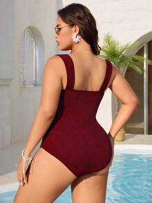 Swim Vcay Plus Size Women's Solid Color High Elasticity Ribbed Fabric Fitted One-Piece Swimsuit With High Neckline - Burgundy - View 2