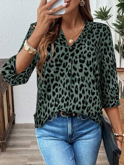 SHEIN LUNE Plus Size Casual Leopard Print Bishop Sleeve Blouse, Western Wear Women, Boho, Hippie, Cowgirl, Bohemian, Old Money,Summer, Concert, Rave Festival Summer Boho Old Money Summer Spring Break Rave Festival Spring Break Casual V Neck Blouse/Fall/Winter