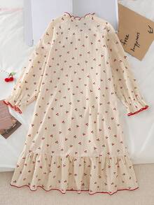 Girls' Korean Ins Style Sweet Cherry Print Bicolor Soft Cotton Dress With Ruffle Hem And Cuffs, Suitable As Casual Nightgown - Multicolor - View 2