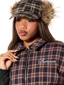 SUMWON WOMEN Two In One Mock Layered Plaid Bomber Jacket With Contrast Sleeves Fall Winter Casual Outerwear - Multicolor - View 4