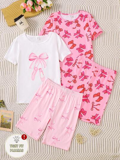 Set da 4 pezzi di pantaloncini e magliette a maniche corte con stampa a farfalla, stile ballerina, per ragazze adolescenti, con elementi dolci su sfondo rosa, comodi per la casa e casual, vestibilità aderente, abbigliamento sportivo