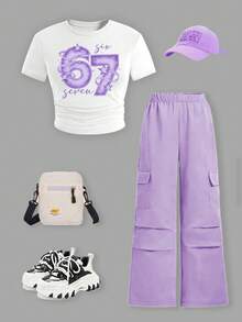 两件套：67数字印花休闲街头风露脐上衣和紫色阔腿工装裤，时尚短袖上衣，百搭休闲装 - 彩色 - 查看 3