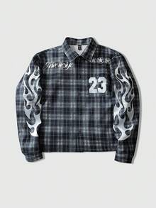 ROMWE MEN Street Life Veste à manches longues à carreaux pour hommes avec motif numérique en forme de flamme, automne/hiver