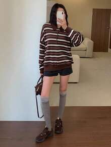 DAZY Women's Loose Fit Polo Collar Striped Sweater, Elegant And High-Quality - Brown - View 2