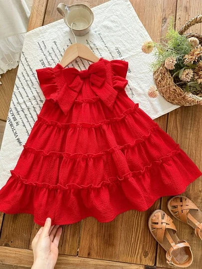 SHEIN Babygirl Cute Casual Loose Red Ruffle Trim Flutter Sleeve Dress