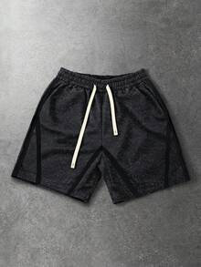 ROMWE MEN Pantalones cortos casuales y versátiles con cintura con cordón y bolsillos para hombres - Negro - Ver 1