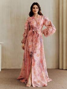 Anewsta Gaun Wanita Elegan Kasual Motif Bunga dengan Hiasan Ruffle di Bagian Bawah, Jubah Jalabiya Mewah, Pakaian Liburan Musim Semi/Panas - Berwarna merah muda - View 2