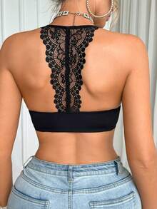 Esselle 1pc Lace Splicing Backless Underwire Front Closure Bra - Black - View 4