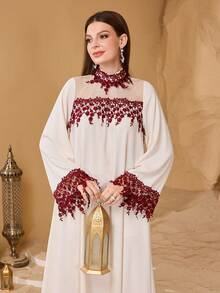 SHEIN Najma Váy đầm phong cách Ả Rập trẻ trung thời trang cổ điển lãng mạn phối màu trang trí chắp vá dành cho nữ - Màu be - Xem 4